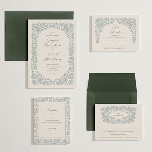 This is a dusty blue wedding invitations with standard by Jen Owens called embroidered printing on signature in grand