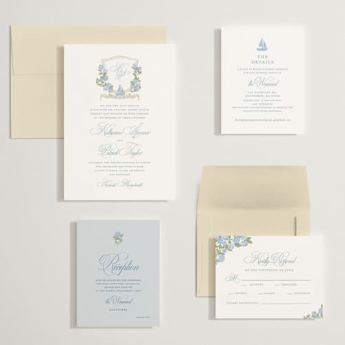 This is a ocean wedding invitations with standard by Creo Study called coastal crest printing on signature in grand