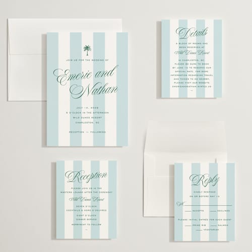 This is a low tide wedding invitations with standard by Susan Zinader called island palm printing on signature in grand