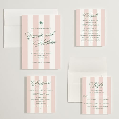 This is a taffy wedding invitations with standard by Susan Zinader called island palm printing on signature in grand