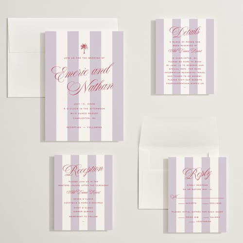 This is a macaroon wedding invitations with standard by Susan Zinader called island palm printing on signature in grand