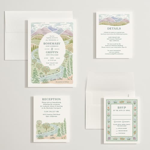 This is a pine wedding invitations with standard by Paper Sun Studio called river valley printing on signature in grand