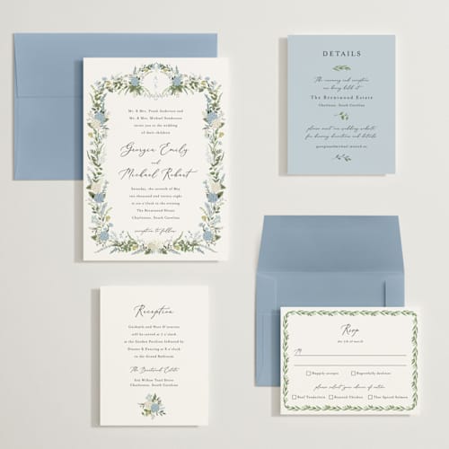 This is a coastal wedding invitations with standard by Susan Moyal called hydrangea vine printing on signature in grand