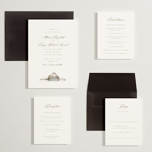 This is a fawn wedding invitations with standard by AK Graphics called rustic barn printing on signature in grand
