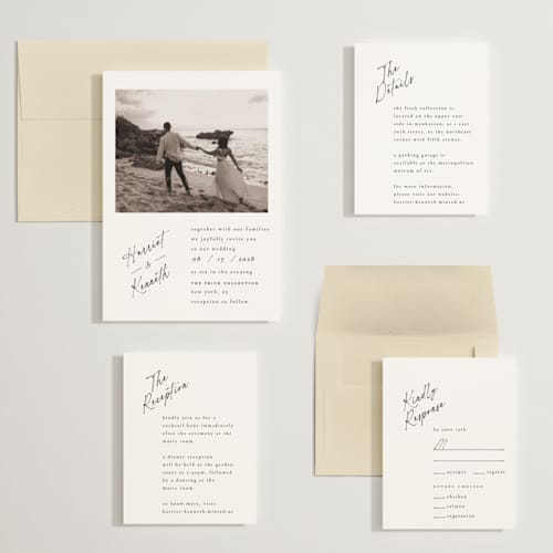 This is a linen wedding invitations with standard by Ana de Sousa called scripted elegance printing on recycled smooth signature in grand
