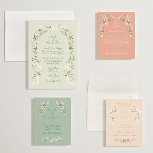 This is a spring wedding invitations with standard by Phrosné Barwood called spring draped garland printing on signature in grand
