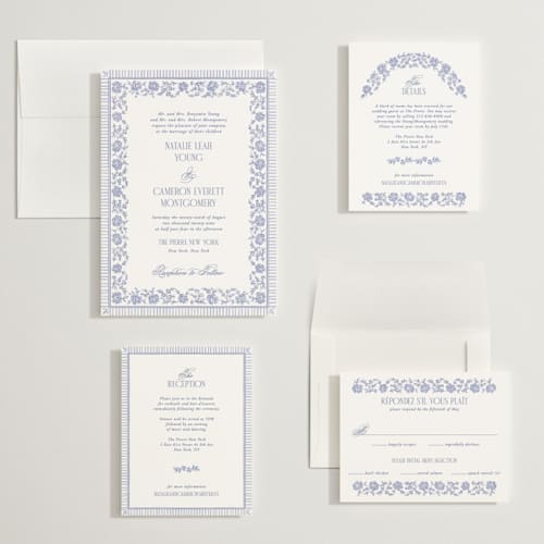 This is a cerulean wedding invitations with standard by Jenna Holcomb called embroidered printing on signature in grand