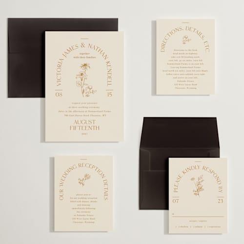 This is a cream wedding invitations with standard by Baumbirdy called floral type arch printing on signature in grand