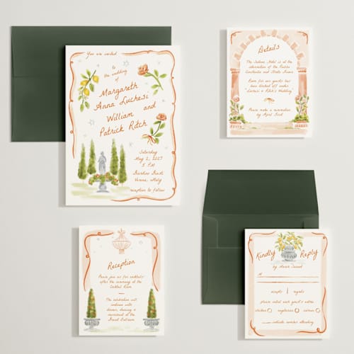 This is a flame wedding invitations with standard by Pati Cascino called giardino printing on signature in grand