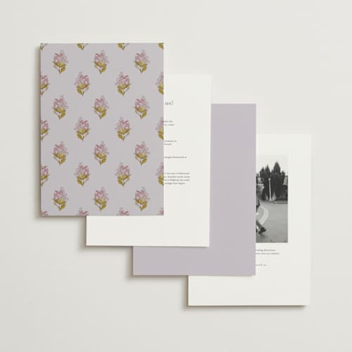 This is a violet wedding invitations with standard by Olivia Kanaley Inman called blockprint printing on signature in grand