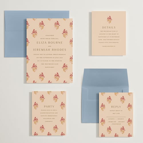 This is a sunset wedding invitations with standard by Olivia Kanaley Inman called blockprint printing on signature in grand