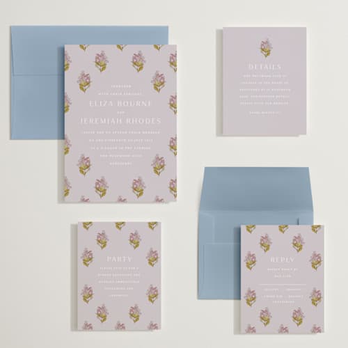 This is a violet wedding invitations with standard by Olivia Kanaley Inman called blockprint printing on signature in grand
