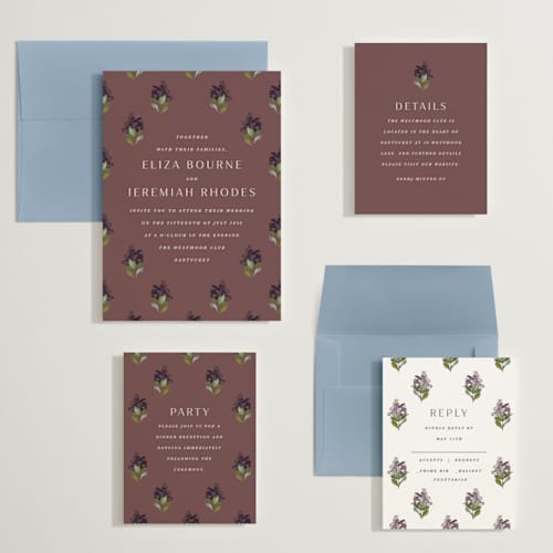 This is a merlot wedding invitations with standard by Olivia Kanaley Inman called blockprint printing on signature in grand