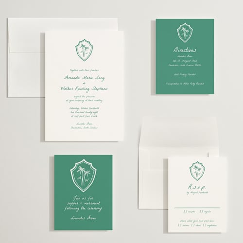 This is a palm wedding invitations with standard by Erika Firm called palm tree crest printing on signature in grand