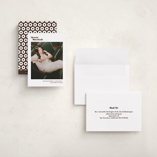 This is a espresso graduation announcements with standard by Megan Davis called vinyl printing on signature in petite