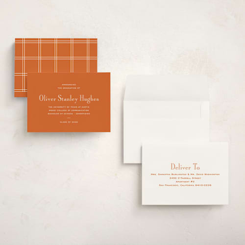 This is a burnt orange graduation announcements with standard by Megan Davis called campus printing on signature in petite