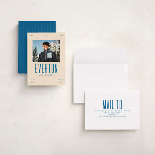This is a bluebird graduation announcements with standard by Owl and Toad called billboard printing on signature in petite