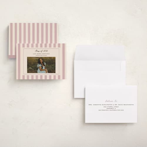 This is a blush graduation announcements with standard by Ani Somi called grad stripes printing on signature in petite