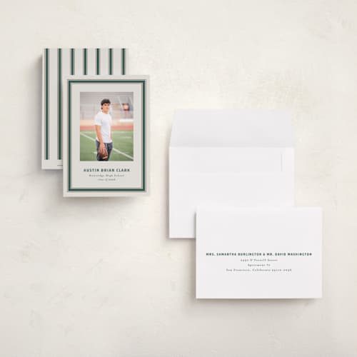 This is a evergreen graduation announcements with standard by Angela Garrick called varsity frame printing on signature in petite