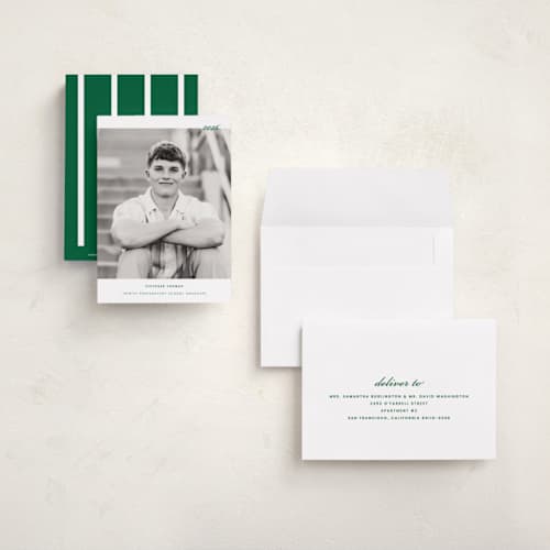 This is a forest graduation announcements with standard by Sara Hicks Malone called deerfield printing on signature in petite