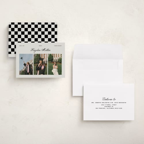This is a silk graduation announcements with standard by Cass Loh called trio gallery printing on signature in petite