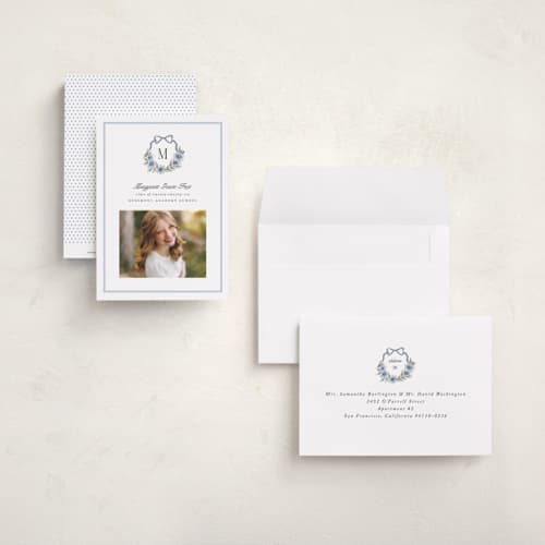 This is a cornflower graduation announcements with standard by Laura Hankins called floral crest printing on signature in petite