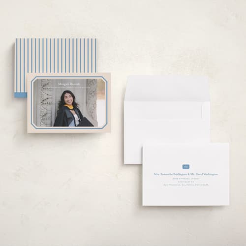 This is a robins egg graduation announcements with standard by Carolyn MacLaren called angled frame printing on signature in petite