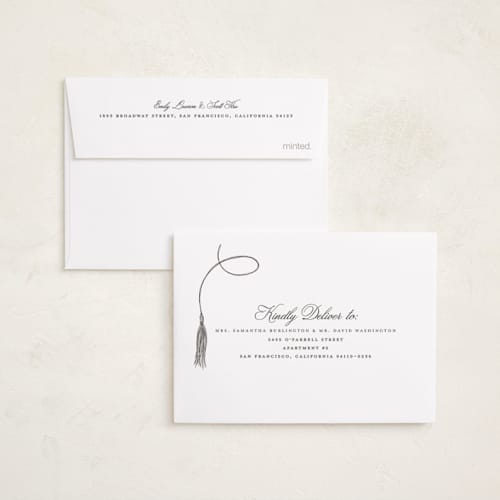 This is a snow graduation announcements with standard by Pixel and Hank called tassel type printing on signature in petite