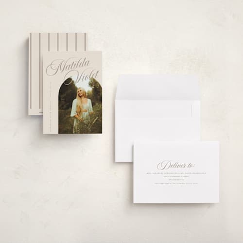 This is a almond graduation announcements with standard by Morgan Kendall called modern curves printing on signature in petite