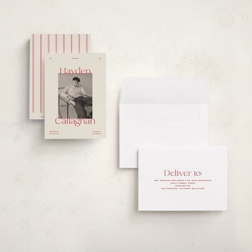 This is a scarlet graduation announcements with standard by Ellen Schlegelmilch called hayden printing on signature in petite