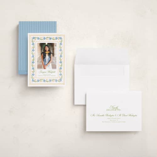 This is a sky graduation announcements with standard by Melanie Kosuge called blooming printing on signature in petite
