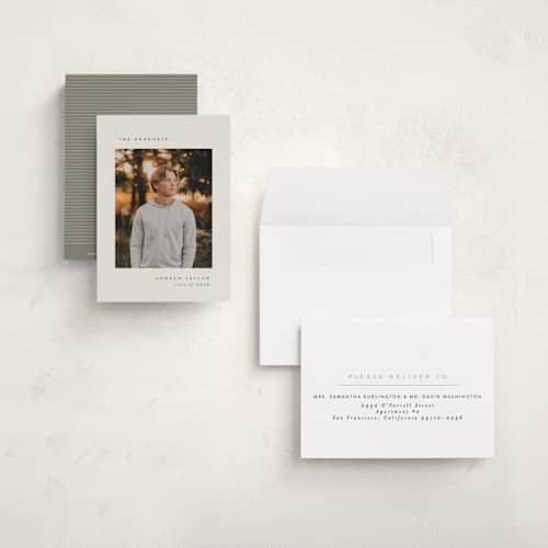 This is a sand graduation announcements with standard by Pippa Shaw called visionary printing on signature in petite