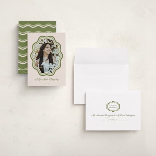 This is a matcha graduation announcements with standard by Melanie Kosuge called scalloped printing on signature in petite