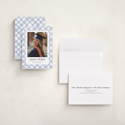 This is a powder graduation announcements with standard by Kampai Designs called gingham printing on signature in petite