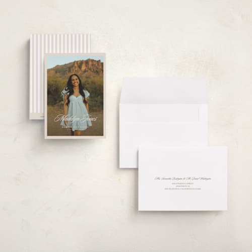 This is a sand graduation announcements with standard by Megan Cash called fluid printing on signature in petite