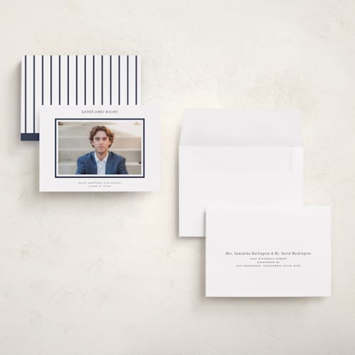 This is a navy graduation announcements with standard by Jennifer Wick called collegiate line printing on signature in petite