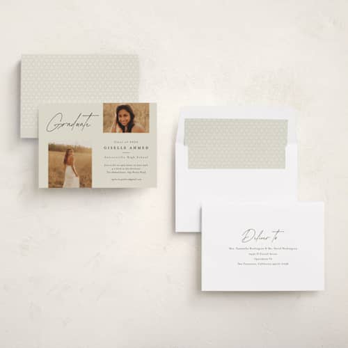 This is a bone graduation invitations with standard by Stacey Meacham called duo printing on recycled smooth signature in standard