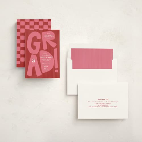 This is a ruby graduation invitations with standard by Erin Kessler called grad! printing on signature in standard