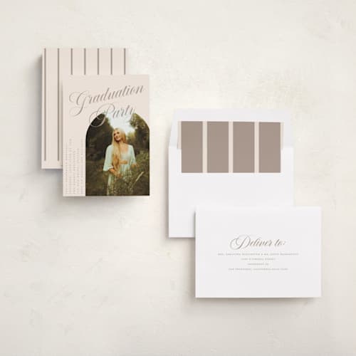 This is a almond graduation invitations with standard by Morgan Kendall called modern curves printing on recycled smooth signature in standard