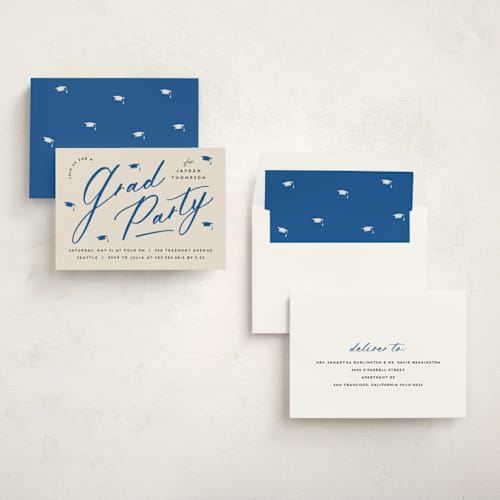 This is a azure graduation invitations with standard by Louise Kay called celebrate the grad printing on signature in standard