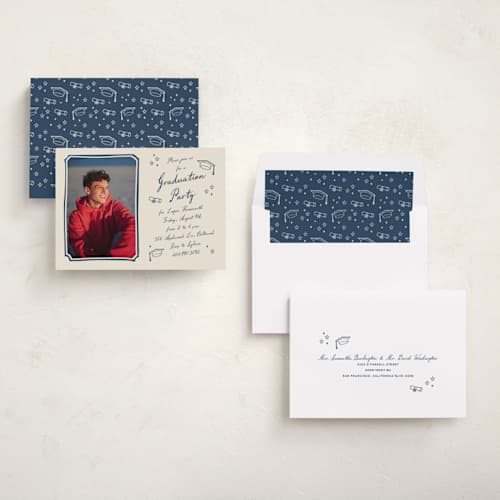 This is a navy graduation invitations with standard by Stacey Meacham called graduation doodles printing on recycled smooth signature in standard