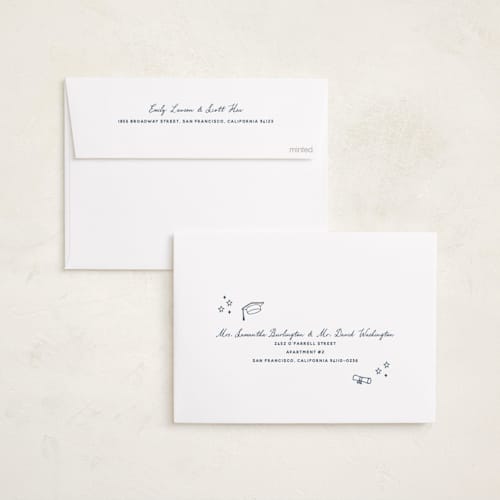 This is a navy graduation invitations with standard by Stacey Meacham called graduation doodles printing on recycled smooth signature in standard