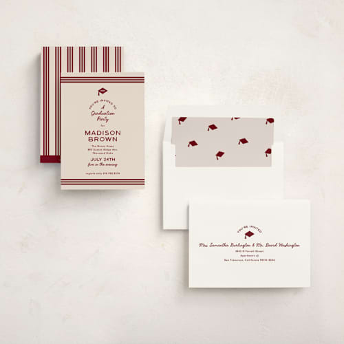 This is a maroon graduation invitations with standard by Owl and Toad called little cap printing on signature in standard