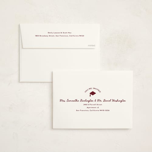 This is a maroon graduation invitations with standard by Owl and Toad called little cap printing on signature in standard