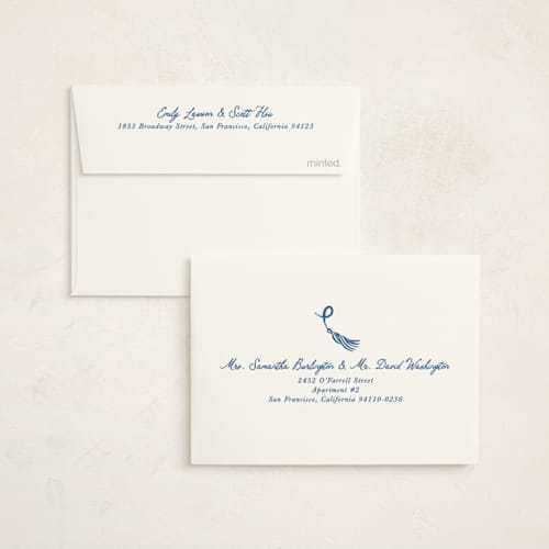 This is a cobalt graduation thank you cards with standard by Susan Zinader called sketched tassel frame printing on strathmore in standard