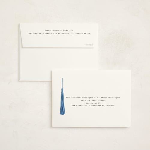 This is a cobalt graduation thank you cards with standard by Ashlee Townsend called tassled printing on strathmore in standard