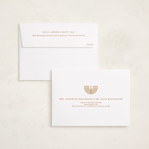 This is a aqua hanukkah cards with foil pressed by FRANI called candles arch printing on recycled smooth signature in standard
