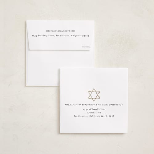 This is a ink hanukkah cards with foil pressed by Becky Nimoy called star of leaves printing on signature in standard