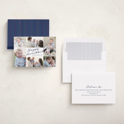 This is a navy hanukkah cards with standard by Annie Shapiro called handwritten hanukkah printing on recycled smooth signature in standard