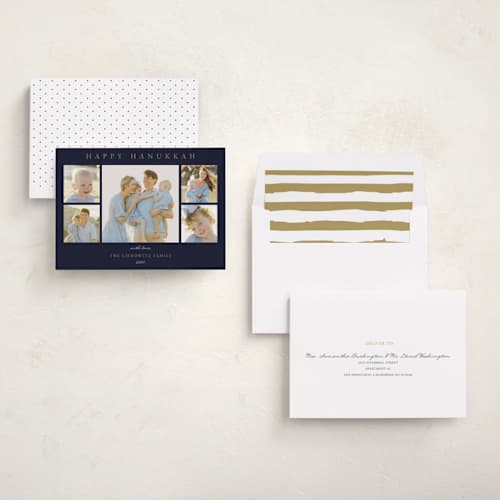 This is a navy hanukkah cards with standard by Oma N. Ramkhelawan called multiple hanukkah wishes printing on recycled smooth signature in standard